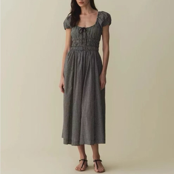 Doen Dresses & Skirts - Doen Quinn Dress Black Gingham Puff-Sleeve Midi Dress XS